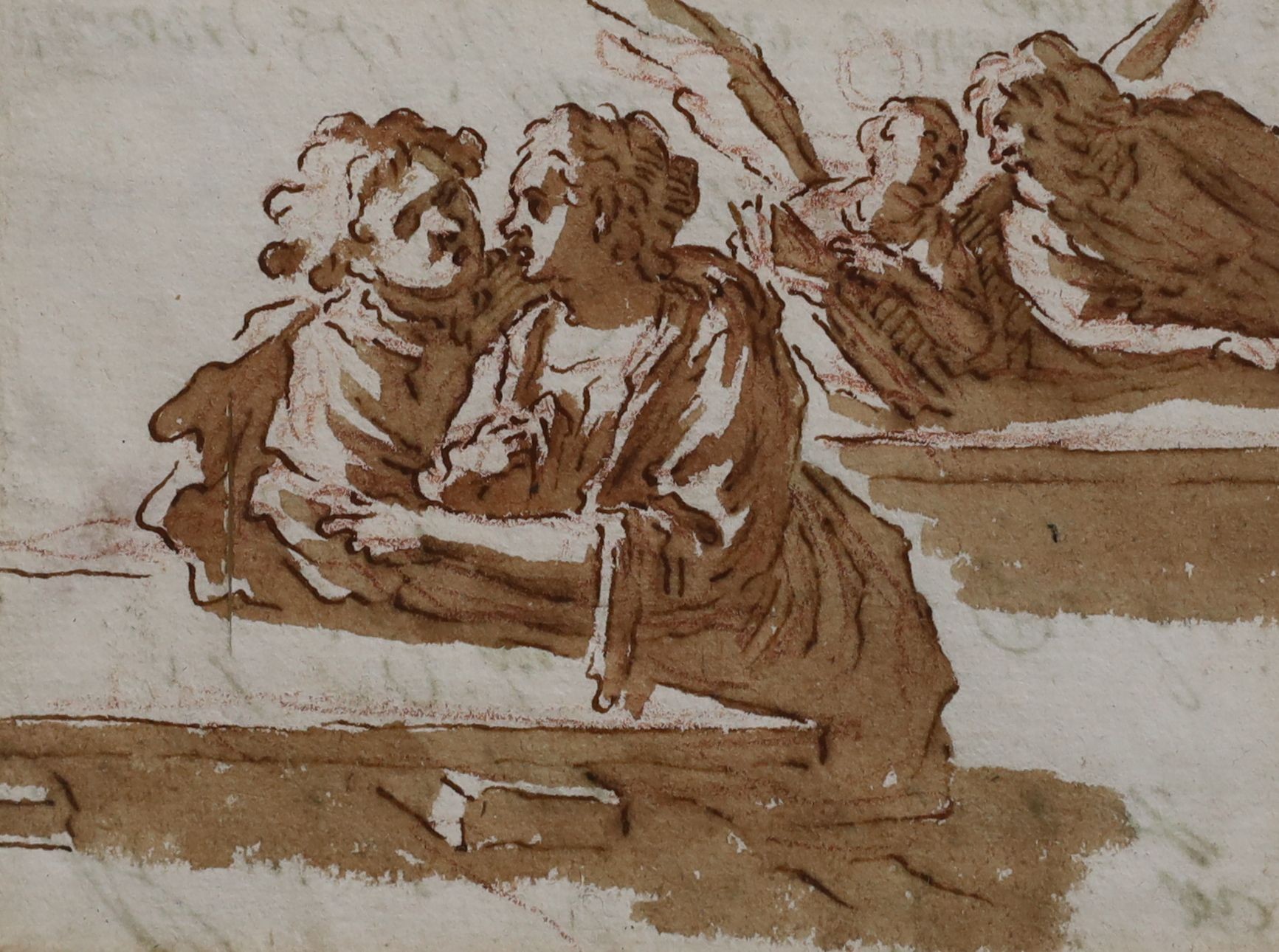 Marc Antonio Bassetti (1588-1630), Two lovers at a table and St Matthew and the angel, ink and wash on paper, 7 x 9.5cm